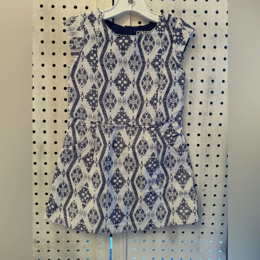 Genuine Kids. Navy & White Geometric Patterned Dress. Excellent Condition. Size4